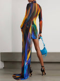 Spring Fashion Colorblock Dress For Women Turtleneck Long Sleeve Patchwork Sheer Mesh Irregular Dresses Female 2023