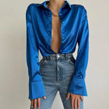 Vintage Korean Silk Shirts Satin Long Sleeve Blouses Women Blue Green Casual Loose Button Up Female Shirts Women Tops