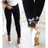 Women's Jeans Slim Fit Leg Length Butterfly Sticky Flower Beaded Denim Pencil Pants Fashion Sexy Hip Lift Trousers
