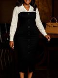 Women's Autumn And Winter Women's Fashion Career Long-Sleeved Suit Collar Splicing Bag-Gushion Pencil Dress