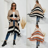 New Autumn Fashion Long Fringed Multicolor Winter Warm Shawl and Wrap Striped Knitted Pashmina Striped Cape Sweater