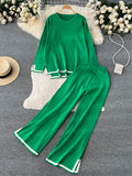 Women Casual Knitted Suits O Neck Long Knit Top+Split Wide Leg Pant Female Fashion OL Sweater Two Pieces