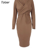 Summer Elegant Women Dresses Fashion Long Sleeve Casual Midi Bodycon Dress Draped Cross O Neck Black Ladies Long Dress