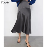 Office Satin Skirts Elegant Summer All-Match High Waist Sliky Long Trumpet Skirts Casual Zipper-Up Mid-Calf Skirt Lady