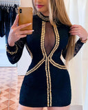 Black Beaded Mesh Patch Mini Bodycon