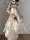 TWOTWINSTYLE Elegant White Sling Dress For Women Square Collar Sleeveless High Waist Irregular Hem Solid Midi Dresses Female