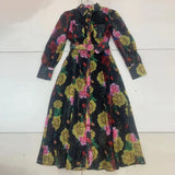 Loose Midi Dress For Women Lapel Long Sleeve High Waist Print Colorblock Dresses Female Spring Clothing Style
