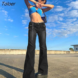 Punk Vintage Low Rise Flared Jeans with Pockets Goth Streetwear Full Length Blue woman jeans Y2K Retro Chic Pants