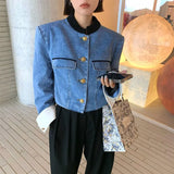Hit Color Patchwork Denim Jacket For Women Stand Collar Long Sleeve Female Fashion Golden Button Coat Lady Clothing