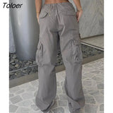 Streetwear Solid Cargo Women Jeans Grunge Retro Casual Pocket Up Denim Trousers Koran High Waist Grey Straight