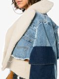 Casual Blue Turndown Collar Fleece Patch Denim