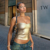 Toloer Women's Wear 2024 Winter New Solid Color Casual Chest Exposed Navel Sleeveless Gold Slim Vest Jacket-Outfit