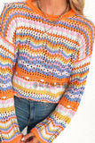 2023 New Fashion Vintage Urban Casual Hollow Out Rainbow Stripes O-Neck Long Sleeve Loose Pullover Sweater For