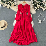 Bohemian Women Summer Long Dress 2022 Elastic Waist V Neck Retro Temperament Ladies A Line Ruched Chic