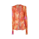 Women Shirt Summer Fairy Grunge Tie Dye Print Open Front Tie Up Long Sleeve Tops 2000s Clothes Ruffles Blouse