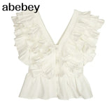 Casual Patchwork Ruffle Shirts For Women V Neck Short Sleeve Ruched Slim Blouses Female 2022 Summer Fashion