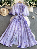 Retro-Print Collar Bubble-Sleeved Dress Women's Summer Straps To The Waists To Show A Thin Swollen