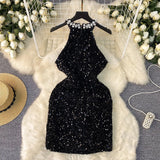 Luxury Thousand Gold Wind High-End Hanging Neck Dress Women's Summer Glide Diamond Design Niche Temperament Ass And Hip