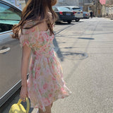 French Floral One Piece Dress Korean Elegant Casual Dresses for Women Party Puff Sleeve Beach Dress Females Summer