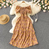 Women Chiffon French Style Dress Summer 2022 Slash Neck Vacation Elastic Waist Elegant Party Slim A Line Long