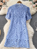 Straight Summer Women Lace Dress 2022 Zipper Sexy Hollow Out Slim Vacation Ladies French Style Midi