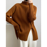 Women's Roll Collar Mock Slit Hems Striped Pit Relax Fit Sweater Winter Solid Color Pulls Casual