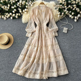 Retro V-Neck Lace To Receive Waist Long Sleeve Dress Female Thin High Sense Elegant Long