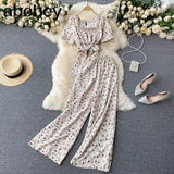 Women Summer Chic Korean Suit Sexy O Neck Chiffon Short Tops+High Waist Wide Leg Split Long Pants Two Piece