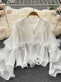 Spring Autumn Women Irregular Ruffle Draped Tops Female Elegant V-Neck Flare Long Sleeve Short Tops Vintage Blouse New