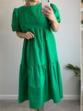 Cotton Casual Summer Maxi Green Dress Women O Neck A-line Oversized Short Sleeve Midi Dresses Puff Sleeve White Long