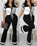 Neck Short Sleeve Top Women Two Piece Suits Lace Up Straight Long Pants Sets Print Tight High Waist Office Lady 2023