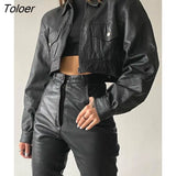 Punk Style Black Leather Bomber Jacket Motorcycle Button Up Lapel Crop Jacket Women Wide Long Sleeve Gothic