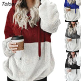 Fashion Women Plush Hooded Sweatshirt Patchwork Long-Sleeved Causal Hooded Sweatshirt For Female