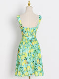 Vintage Print Sling Dress For Women Square Collar Sleeveless High Waist Folds Mini Dresses Female Fashion