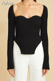 2023 New Autumn Sexy Stylish Sqaure Collar Full Sleeves Knitting Pullover Sexy Slim T-shirt Female Top