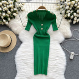 Button Knitted Dress Women Solid V Neck Summer 2022 Elegant Fashion Short Sleeves Ladies A Line Midi