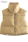 Solid Stand Collar Cropped Waistcoat Puff Vest Women Casual Sleeveless Zipper Jackets Autumn Winter Warm