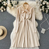 2022 Winter Knitted Pleated Dress Temperamant Bow Tie Long Sleeve Elastic Slim Female Solid Midi Long Sweater