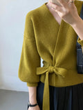 Women's V-neck Tie Waisted Loose Knitted Sweater Long Sleeve Sweater