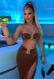 Sexy Strapless Crop Tube Top and High Waist Slit Maxi Skirt 2 Piece