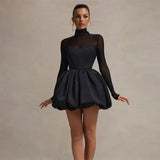 Black Turtleneck Sheer Long Sleeve Satin Mini Dress-Outfit