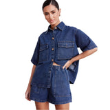 2025 New Vintage Casual Pocket Short Sleeve Shirt Shorts Denim Set