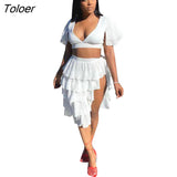 Sexy Dress Low Chest Puff Sleeve Top Cake Puffy Skirt 2 Two Piece Set Skirts Sets Ladies Elegant Outfits Solid