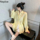 Korean Sunscreen Shirt Women 2023 Summer Clothes Fashion Bandage Blouses Elegant Loose Long Sleeve See Through White