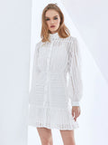 TWOTWINSTYLE Cut Out White Women's Dress Stand Collar Long Sleeve High Waist Spring Dresses Female Fashion New Clothing