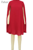 Fashion Solid Women Pleated Chiffon Dress Sexy Mock Necked Cloak Sleeve Robe Femme Classic Loose Party Clubwear