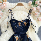Lace Up Spaghetti Strap Party Dress Women Vintage Floral Print Sleeveless Split Elegant Summer Beach Holidays Chiffon