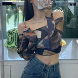 Korean Fashion Slash Neck Crop Tops Geometric Graphic Mesh T-shirts Sexy Slim Long Sleeve Off Shoulder Tshirt