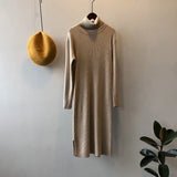 Women's Turtleneck Striped Ribbed Pit Knitted Sweater Dress 2022 Winter Korean Long Midi