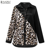ZANZEA Autumn Women Full Sleeve Blouse Blusa Leopard stitching Lapel Chemise Bohemian Fashion Elegant Work OL Party Retro